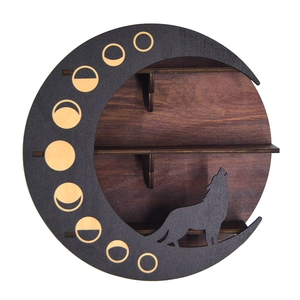 Bohemian wood moon phase shelf with wolf silhouette and three tiers for crystal display