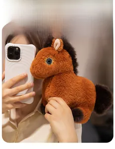 Brown plush horse phone case with soft long fur and realistic embroidered eye detail