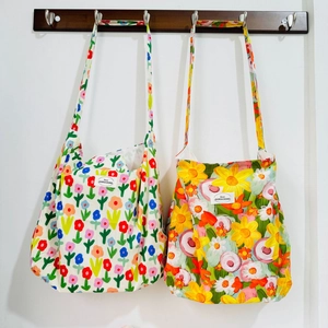 Women Floral Print Canvas Tote Bag Large Capacity Cotton Cloth Shoulder Bag Fresh Summer Style Versatile Casual Handbag