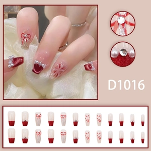 Faux ongles œil de chat avec feux d'artifice rouges, perles et nœuds, 24 pcs