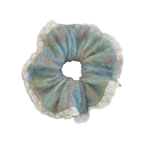 Rainbow knitted hair scrunchie with white lace trim for women on white background