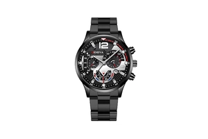 Detail of black Geneva sport watch dial with chronograph sub-dials and luminous hands