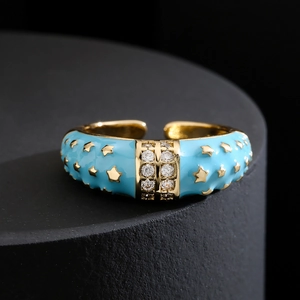 Bohemian 18K gold-plated open ring with sky blue enamel, star patterns and zircons