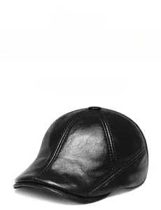 Detailed view of the natural grain texture on a black premium cowhide leather cap