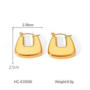 Polished gold U-shaped hollow hoop earrings in stainless steel with size measurements