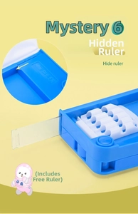 Detail of blue pencil case showing the hidden ruler function and cute astronaut bear