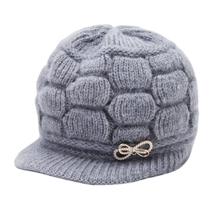 Deep grey winter knit hat for women with warm fleece lining and rhinestone bow detail