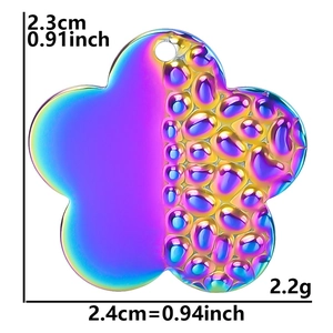 Macro view of 18k plated rainbow flower pendant showing 2.4cm size and texture