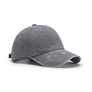 Vintage washed cotton baseball cap in charcoal gray with distressed denim texture