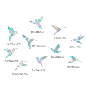 Detailed size specifications for holographic rainbow prism hummingbird window stickers