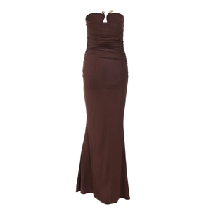 Detail view of dark brown u-neck strapless dress showing ruched fabric texture and elastic material