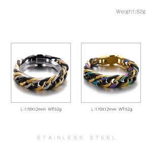 Detail view of 170x12mm stainless steel Cuban bracelets in bicolor and iridescent finishes