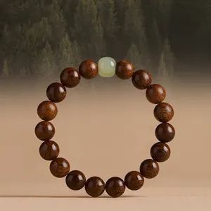 Sandalwood Beaded Bracelet Natural Wood Prayer Beads With Jade Retro Ethnic Zen Style Jewelry For Men And Women