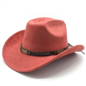 Detail of faux suede cowboy hat featuring black leather band with metal rivets