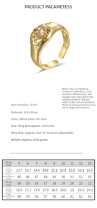 Detailed size guide table for S925 sterling silver ring showing diameters and circumferences
