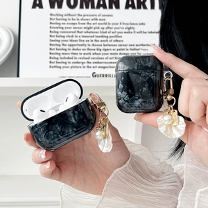 Fashion Black Marble Shell Texture TPU Earphone Case With Gold Keychain Artificial Pearl Shell Pendant Protective Cover For AirPods
