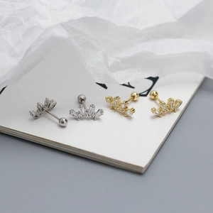 Detail of S925 silver crown stud earrings with clear zircon stones and screw ball backs