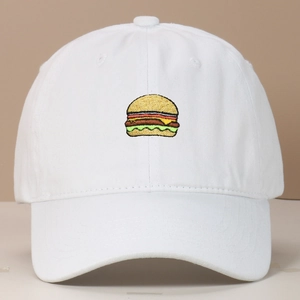 Washed white cotton baseball cap with burger embroidery and curved brim in classic 6-panel style