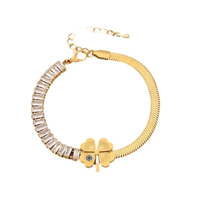 Gold stainless steel bracelet featuring zircon stones, clover charm, and evil eye detail