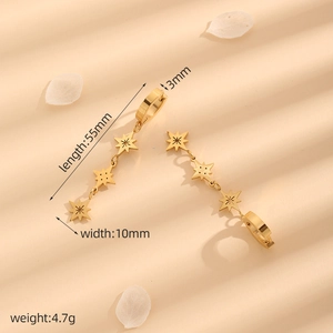 Elegant gold-tone stainless steel star drop earrings with dimensions and weight info