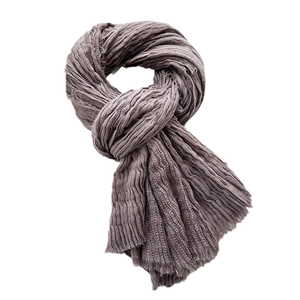 Large taupe double-sided pleated scarf with fringe edges and a natural knotted drape