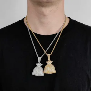 Collier pendentif sac d'argent hiphop avec zircons en finition or et argent