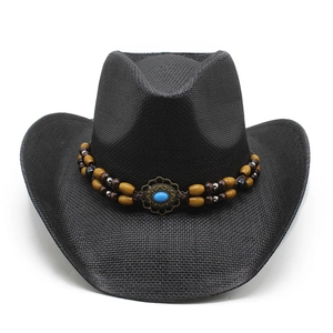Handgewebter schwarzer Stroh-Cowboyhut mit Türkis-Edelstein und Holzperlen-Verzierung