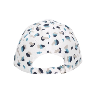 Adjustable back view of white baseball cap with blue abstract leopard print and metal buckle