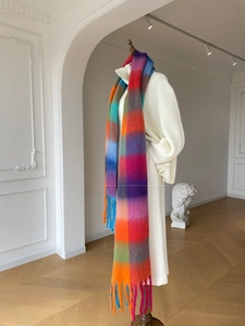 Close-up of rainbow plaid mohair scarf featuring long tassels and fluffy velvet texture