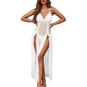 White lace trim sheer mesh nightgown set with high side slits and matching lingerie