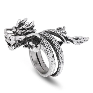 Retro hip hop style silver dragon wrap ring with detailed scales for men