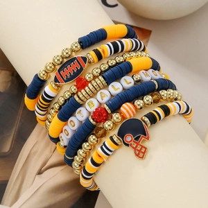 Detail of football mom multi-layer clay bead bracelet set with enamel pendants
