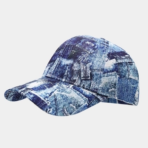Retro distressed denim baseball cap with patchwork tie-dye pattern for outdoor sun protection