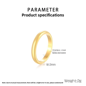 Detail view of 3mm wide polished golden stainless steel ring showing exact measurements