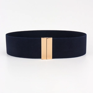 Macro detail of navy blue elastic waist belt with polished gold interlocking buckle