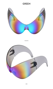 Macro view of futurist green iridescent lenses on Y2K tech-style wrap-around sunglasses