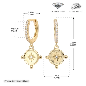 Detailed dimensions of S925 silver huggie earrings with gold starburst pendant
