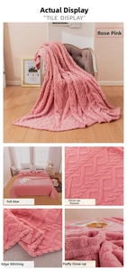 Detail of rose pink flannel blanket featuring 3D geometric jacquard texture and soft fabric