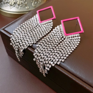 Geometric Rhombus Tassel Dangle Earrings Rhinestone Copper With Silver Earring Post Long Elegant Fashion Women
