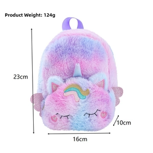 Detail of plush unicorn backpack showing gradient faux fur and shiny sequin wings