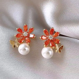 Boucles D Oreilles Fleur Avec Zirconia Orange Papillon Et Künstliche Perle Pendante Tige En Argent Bijoux Élégants Pour Femmes