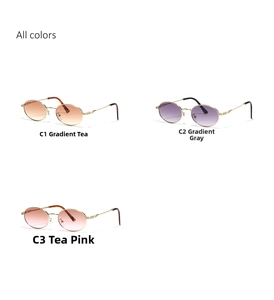 Three pairs of metal oval sunglasses with gradient pink, grey, and tea colored lenses