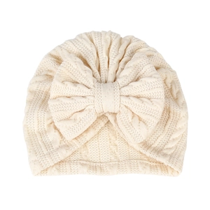 Bonnet turban pour bébé en tricot côtelé crème avec grand nœud pour fille