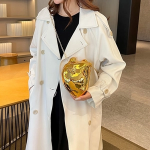 Unique gold heart-shaped mirror finish acrylic clutch bag with a metal chain strap