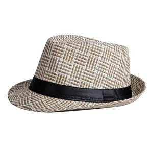 Classic straw fedora sun hat with black band, light brown woven design for summer beach wear