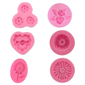 Set of 6 pink daisy flower and sunflower silicone fondant molds for cake baking