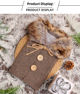 Detail of Christmas wine bottle cover with brown herringbone knit and faux fur collar