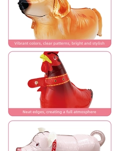 Detailed animal balloons including golden retriever, rooster and pig for party decoration