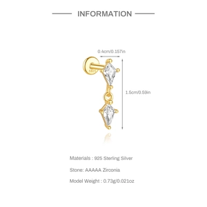 Detail view of gold S925 sterling silver drop earring with sparkling AAAAA cubic zirconia
