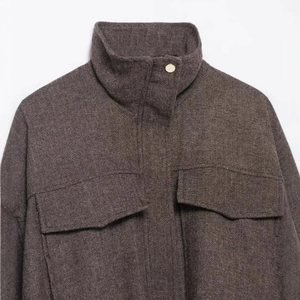 Deep brown herringbone texture bomber jacket with stand collar and gold metal buttons
